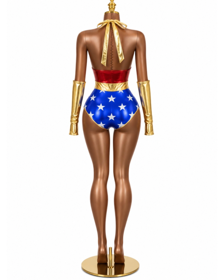 Set Wonder Woman — disfraz de heroína con body metalizado y mangas.