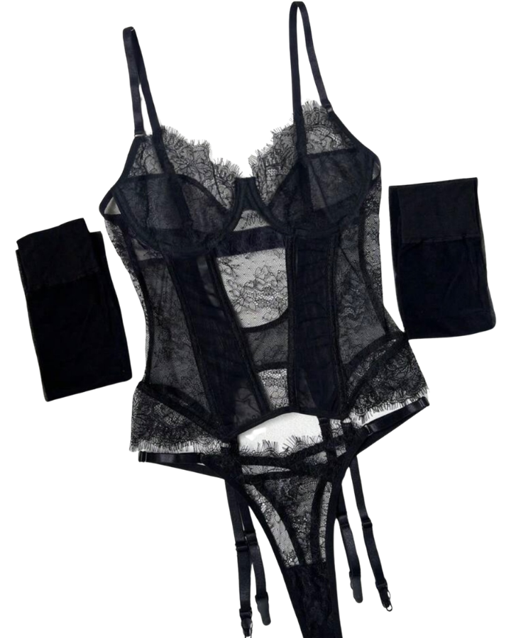 Set Gin — encaje negro estructurado, con ligueros y medias.