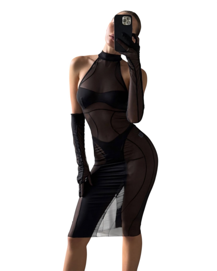 Vestido Angélica — malla transparente que se transparenta a propósito, con guantes y panty.