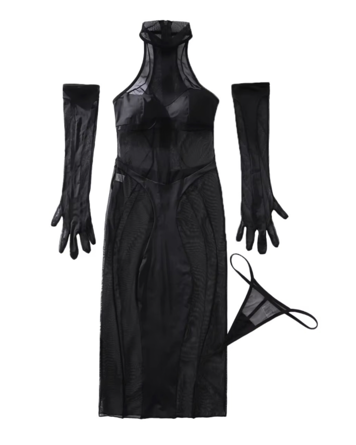 Vestido Angélica — malla transparente que se transparenta a propósito, con guantes y panty.
