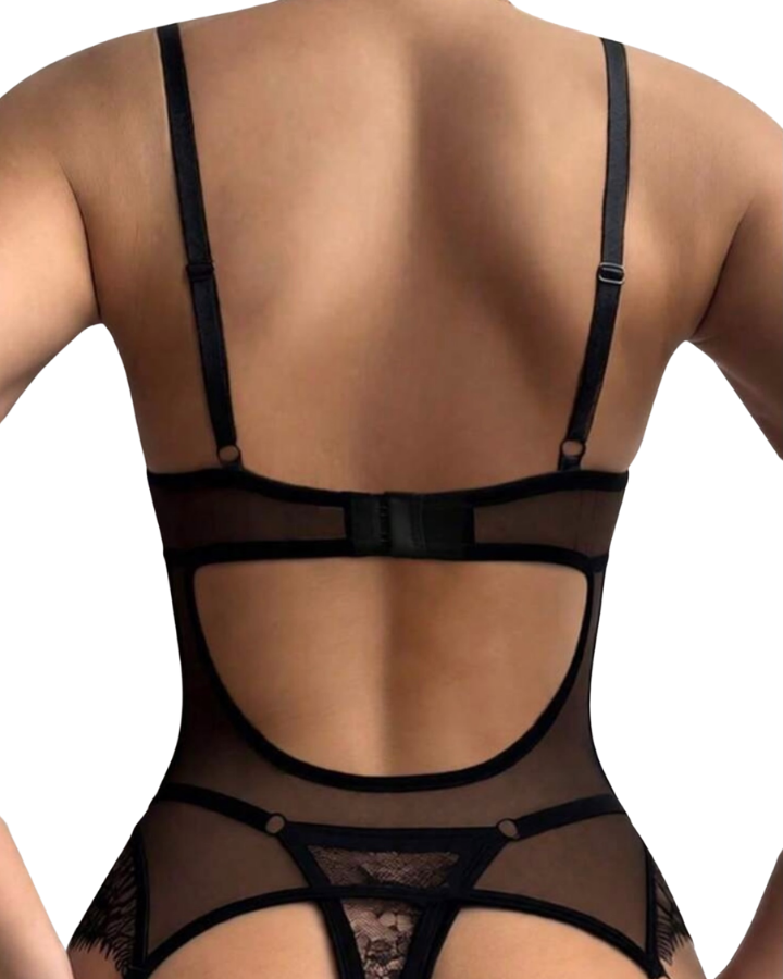 Set Gin — encaje negro estructurado, con ligueros y medias.