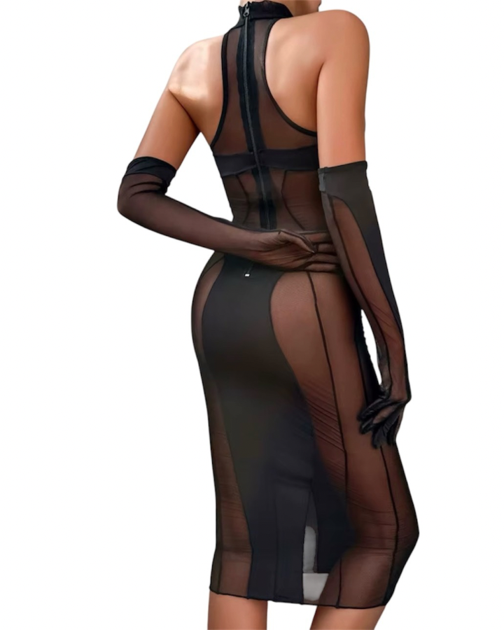 Vestido Angélica — malla transparente que se transparenta a propósito, con guantes y panty.