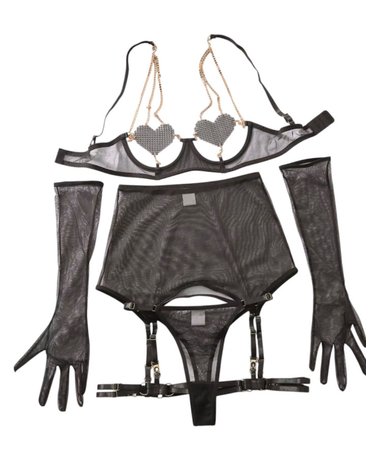 Set Libra — bra corazón con cadenas, fada, ligueros, panty y guantes en malla.