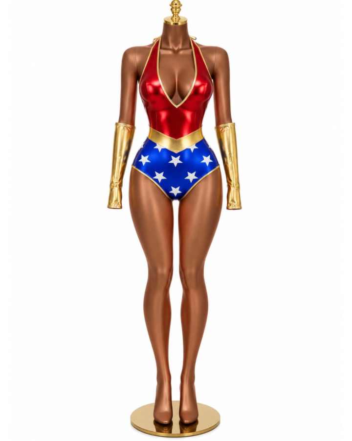 Set Wonder Woman — disfraz de heroína con body metalizado y mangas.